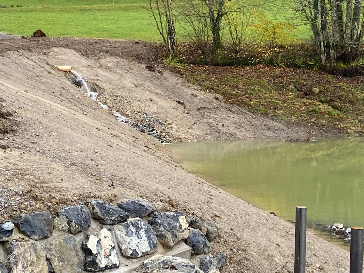 Im Herbst 2023 wird der Weiher wieder mit Wasser gefüllt. Noch fehlt zirka ein Meter Wassertiefe.